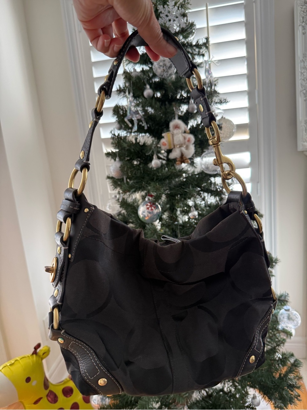 Coach carly Black Signature Jacquard Hobo with Gold Hardware